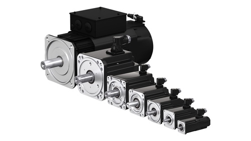 Group picture of the ctrlX DRIVE MS2N rotary synchronous servomotors, for use in all automation areas, available in the following cooling types: self-cooled, forced-ventilated, water-cooled