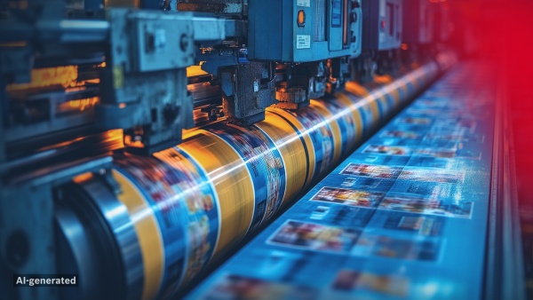 The image shows a machine printing labels. A color filter with a blue-to-red gradient has been applied to the image.