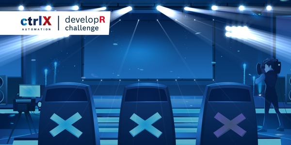 Blau eingefärbtes Bild, auf dem eine Bühne mit davor stehenden Jurystühlen zu sehen ist, oben links ist der ctrlX devolopR Challenge Schriftzug zu lesen