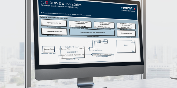 Obraz monitora komputerowego przedstawiający aplikację symulacyjną partnera ctrlX World, firmy Mathworks.