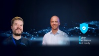 The image shows the two cybersecurity experts Michael Langfinger and Sebastian Krauskopf. The background is dark and a connected world can be seen.