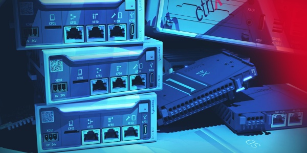 Obraz w kolorze niebieskim przedstawiający kilka komponentów ctrlX AUTOMATION. Między innymi sprzęt sterujący ctrlX CORE oraz komponenty I/O ctrlX I/O.