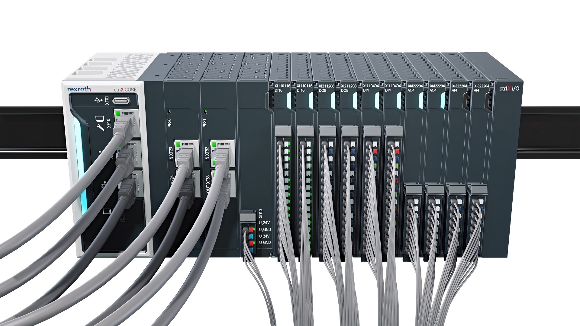 Zdjęcie sterownika przemysłowego ctrlX CORE z elementami ctrlX I/O w rzędzie. Podłączone są kable sieciowe i linie sygnałowe.