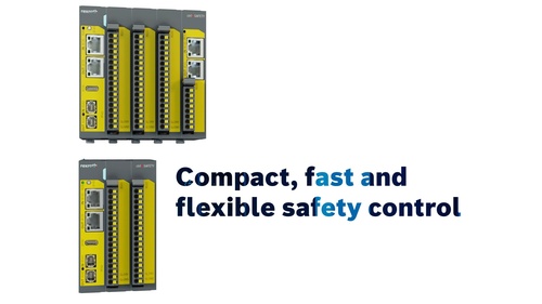 Bild zeigt zwei ctrlX SAFETY Sicherheitssteuerungen in den Ausprägungen SAFEX-C-S12 und SAFEX-C-S15, sowie den Schriftzug "Compact, fast and flexible safety control"