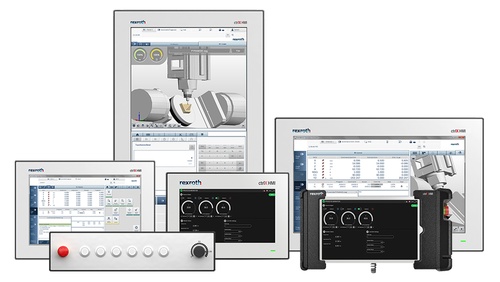 Zdjęcie grupowe portfolio produktów ctrlX HMI składającego się z paneli PC, paneli webowych, wyświetlaczy, paneli do obsługi maszyn i ramek panelowych.
