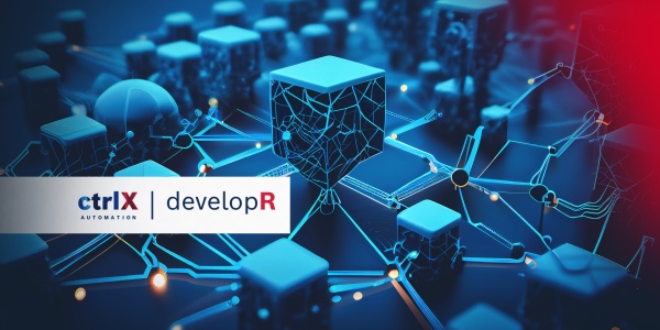 Stylized geometric shapes like cubes, spheres and cylinders are connected with lines. The ctrlX developR character is displayed.