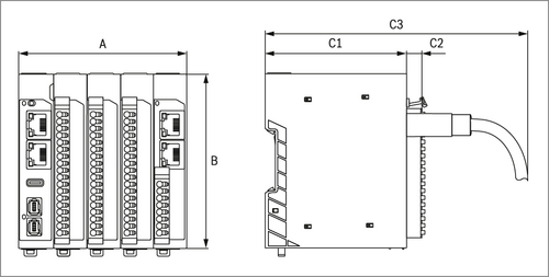 Dimensioned drawing of the safety controller ctrlX SAFETY (SAFEX) for control cabinet installation