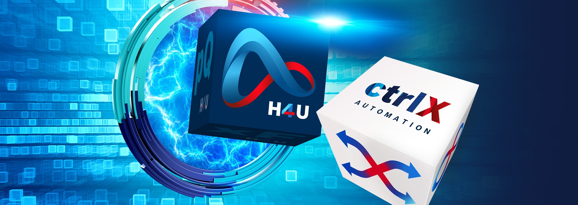 Dwie kostki, każda z napisem ctrlX AUTOMATION i H4U.