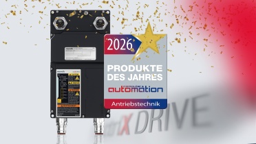 Picture shows ctrlX DRIVE cabinet-free: Awarded "Product of the Year 2026"