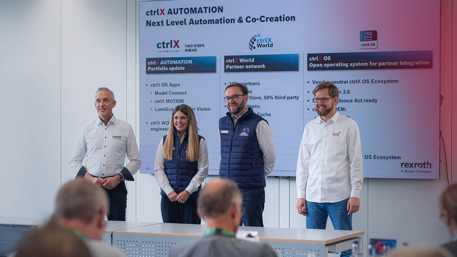 6. ctrlX AUTOMATION Fachpressekonferenz am Bosch Standort in Immenstadt, 4 Personen vor ctrlX AUTOMATION Themenwand