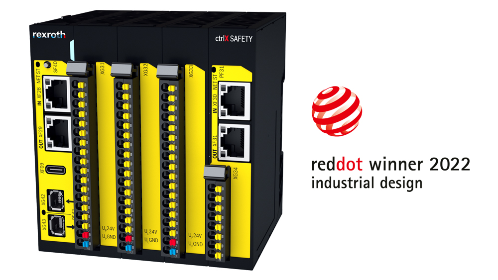Picture of the safety control ctrlX SAFETY in the SAFEX-C-15 version for control cabinet installation. Plus the logo "reddot winner 2022".