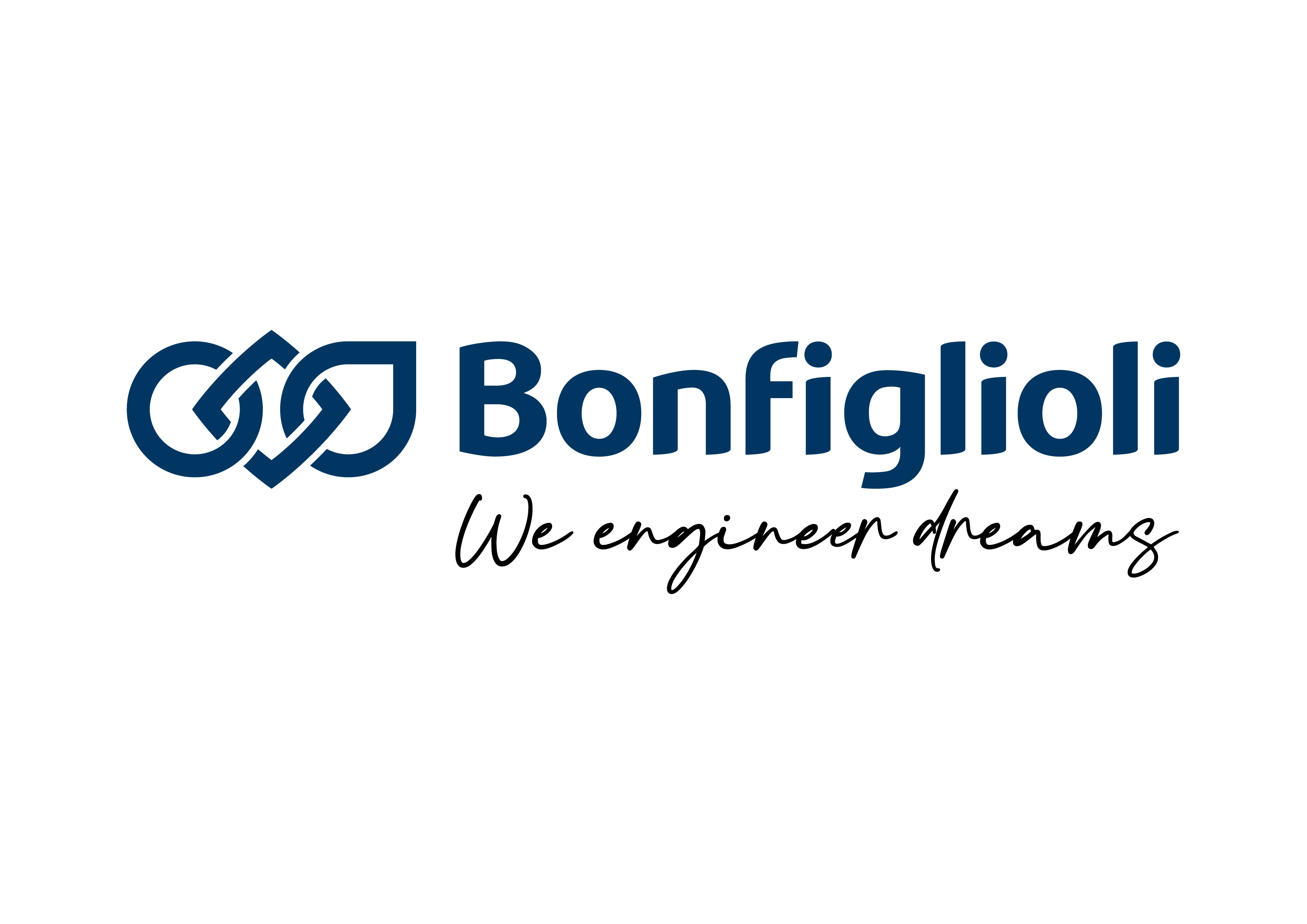 Blauer Schriftzug "Bonfiglioli", darunter mit geschwungener, schwarzer Schrift "We engineer dreams".