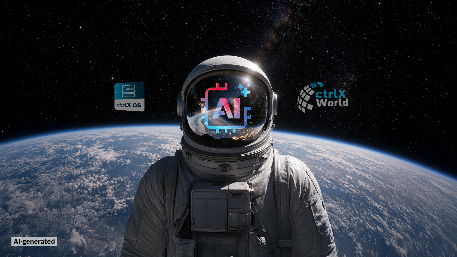 Das Bild zeigt einen Astronauten auf dem Mond. Auf seinem Helm ist ein Schriftzug mit AI aufgedruckt. Im Weltall hinter dem Astronauten sind das App Icon ctrlX OS sowie das Logo ctrlX World zu sehen. (Bild: KI-generiert)